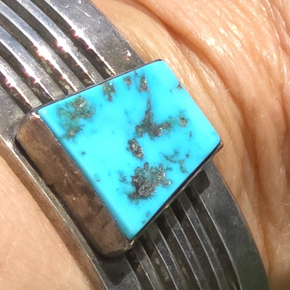 Sterling Silver Cuff Ridged Bracelet Kingman Black Web Turquoise Abstract NA